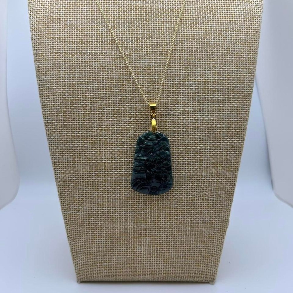 Carved Burma Jade‎ Pendant Necklace w/ 24K Gold Plated Chain